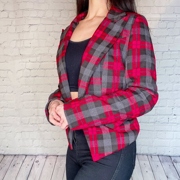 Korean K Fashion Red Black Plaid Blazer - Picture 8 of 10